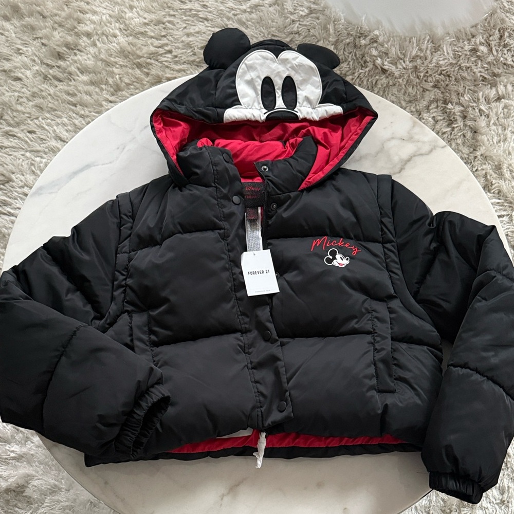 Forever 21 Black and Red Mickey Mouse Puffer Jacket